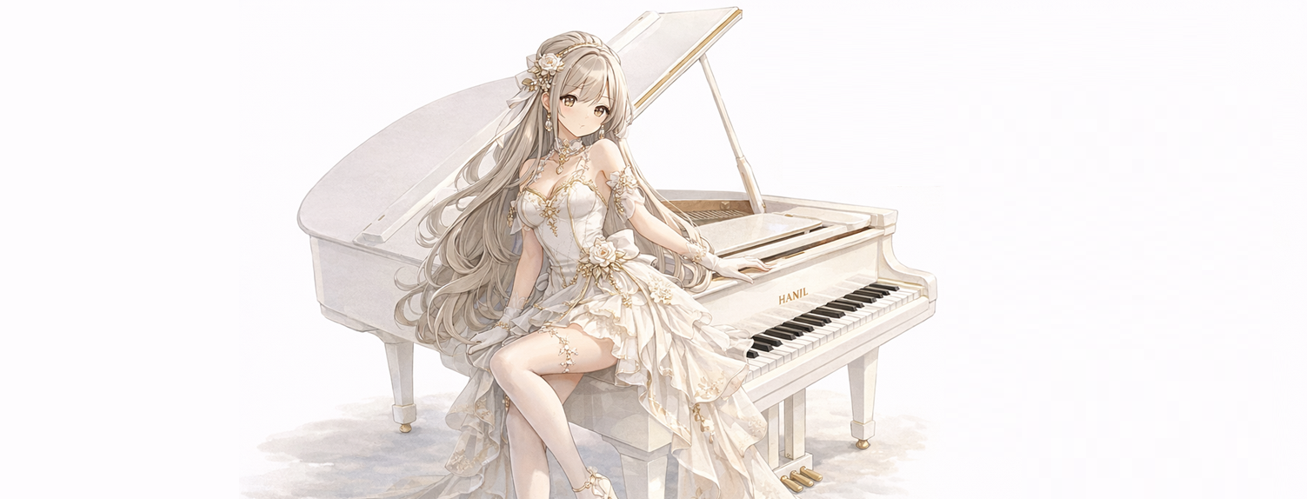 Miss Hanil beside a white grand piano