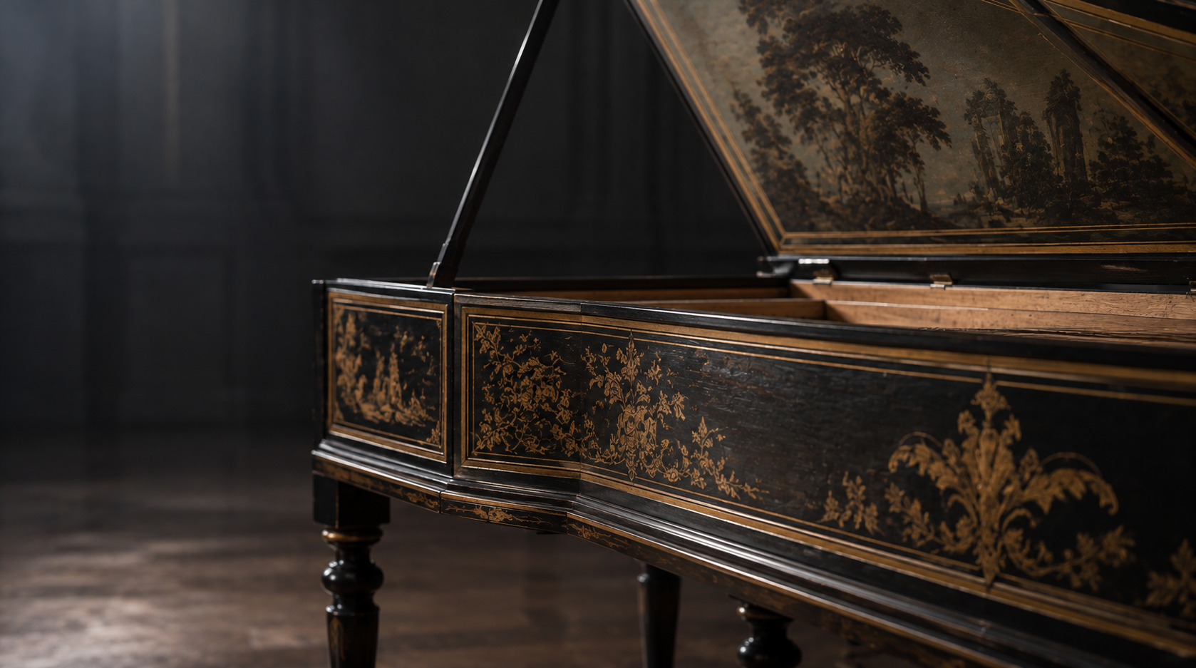 Gold decoration on a dark wooden harpsichord