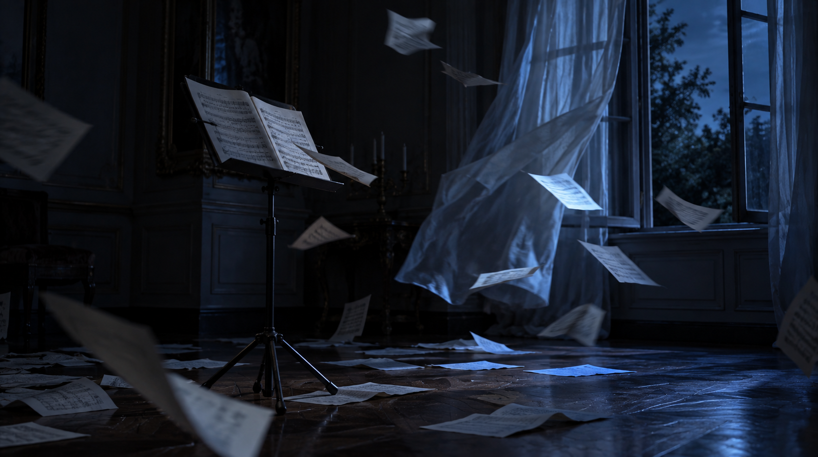 Sheet music drifting through a blue room at night