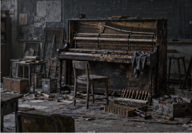 An old piano in a classroom awaiting repair
